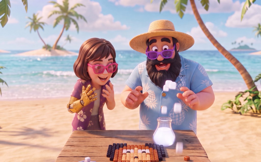 Two delighted players discovering a pixel puzzle coming to life on a sunny beach table
