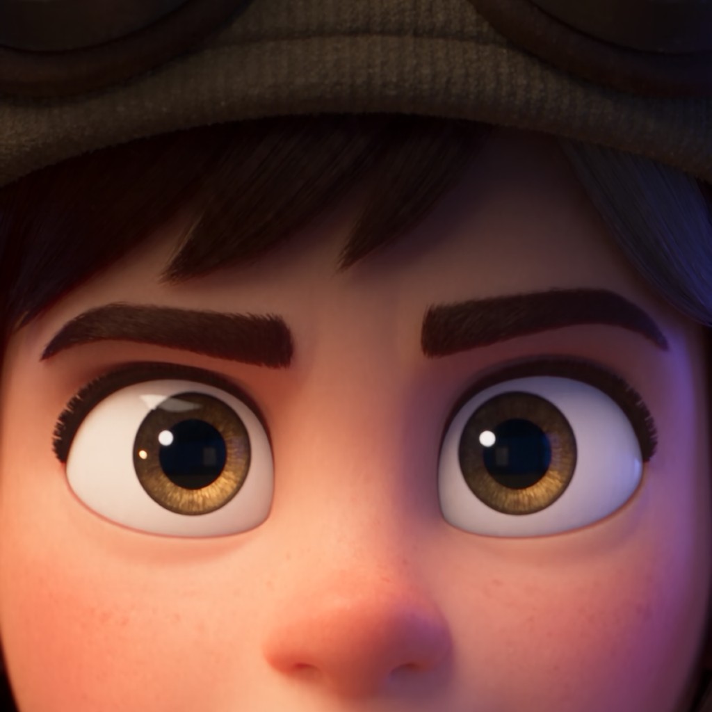 Cinematic close-up render of the young adventurer's eyes beneath her goggles.