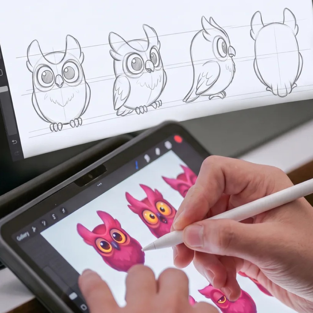 An artist refining the owl's colour studies on a tablet, with the pencil turnaround sheet in the background.